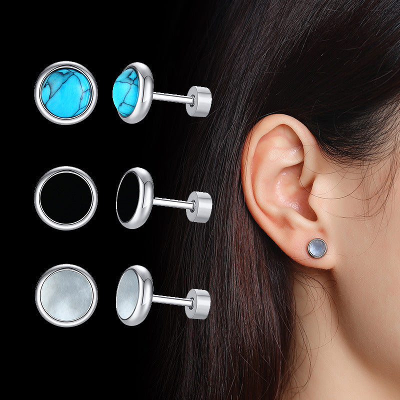 Boucles d'oreilles Clous Rondes en Acier Inoxydable Minimalistes Turquoise Coquillage Fermoir à Vis Bijoux de Piercing Géométriques Homme Femme