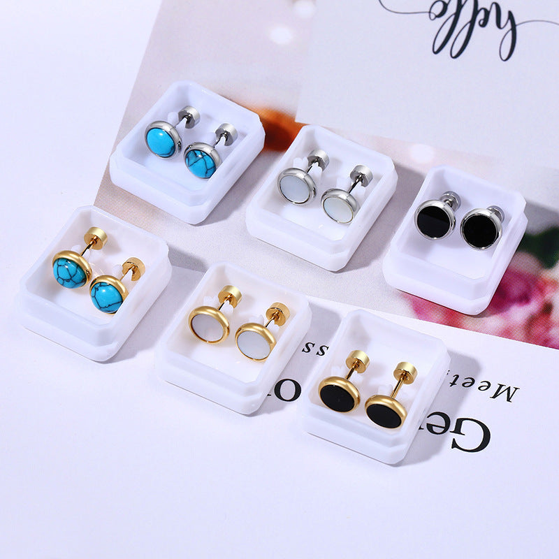 Boucles d'oreilles Clous Rondes en Acier Inoxydable Minimalistes Turquoise Coquillage Fermoir à Vis Bijoux de Piercing Géométriques Homme Femme