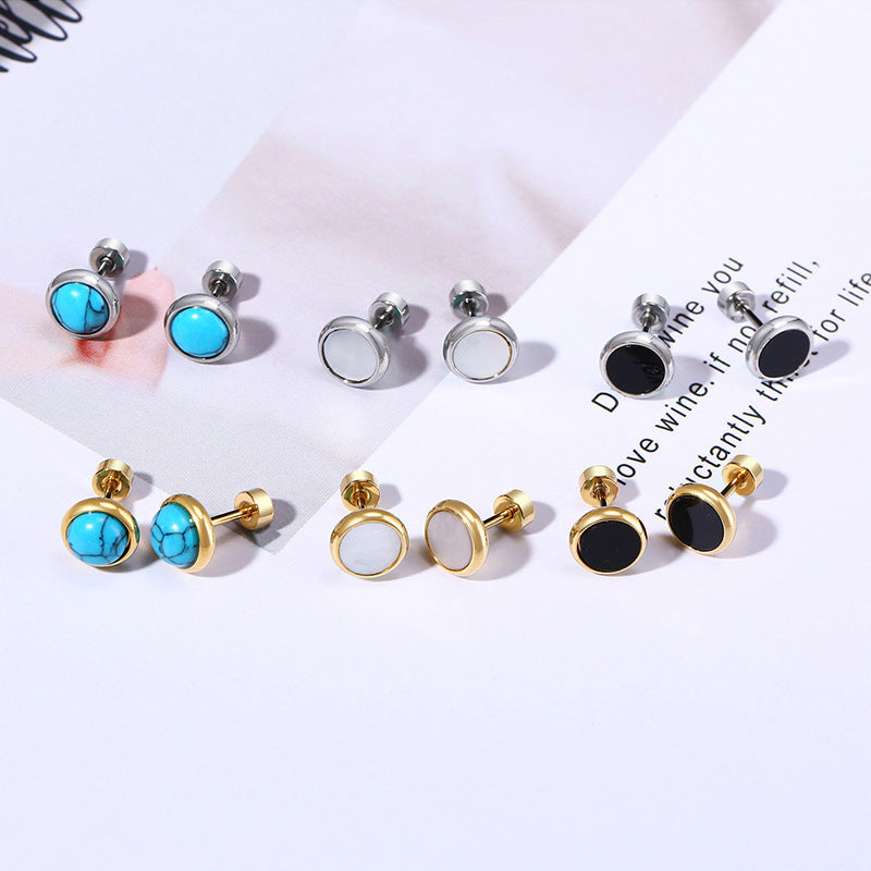 Boucles d'oreilles Clous Rondes en Acier Inoxydable Minimalistes Turquoise Coquillage Fermoir à Vis Bijoux de Piercing Géométriques Homme Femme
